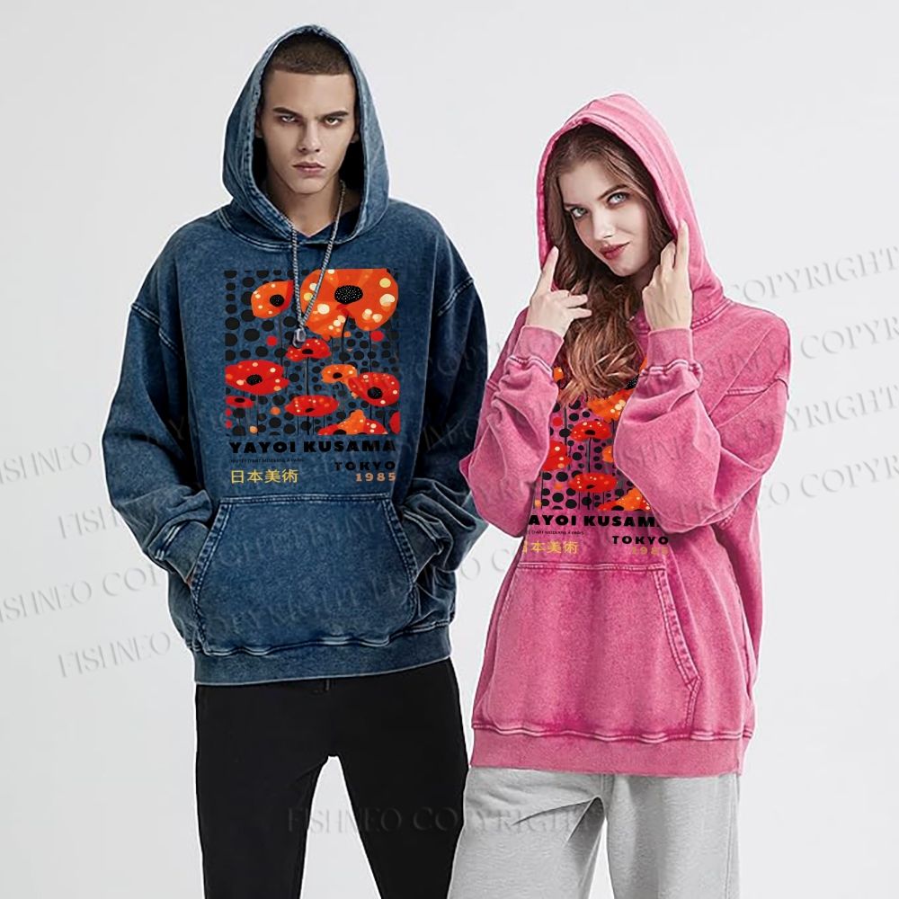 Unisex Casual Japanese Yayoi Kusama Flower Printed Washed Hoodie