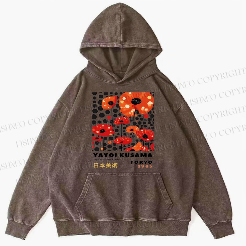 Unisex Casual Japanese Yayoi Kusama Flower Printed Washed Hoodie