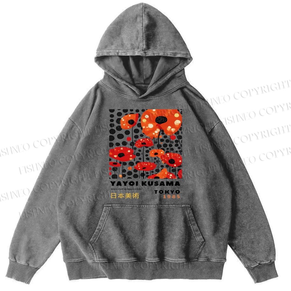 Unisex Casual Japanese Yayoi Kusama Flower Printed Washed Hoodie