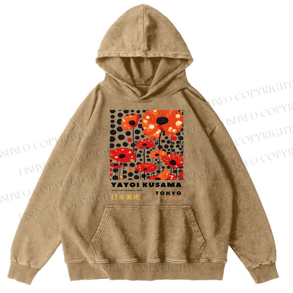 Unisex Casual Japanese Yayoi Kusama Flower Printed Washed Hoodie