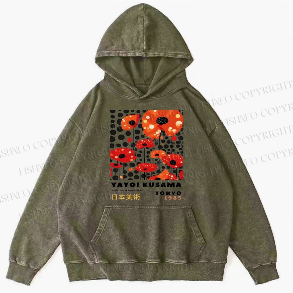 Unisex Casual Japanese Yayoi Kusama Flower Printed Washed Hoodie