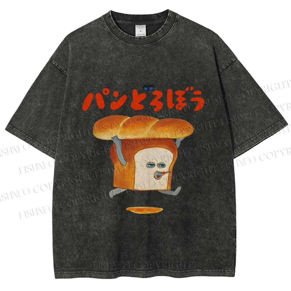 Unisex Japanese Funny Bread Printed Washed Tee