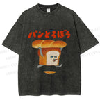 Unisex Japanese Funny Bread Printed Washed Tee