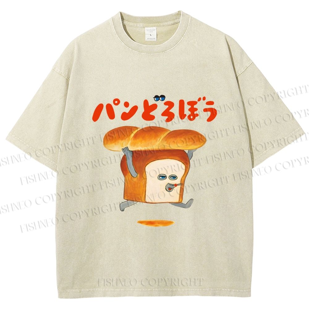 Unisex Japanese Funny Bread Printed Washed Tee