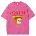 Unisex Japanese Funny Bread Printed Washed Tee