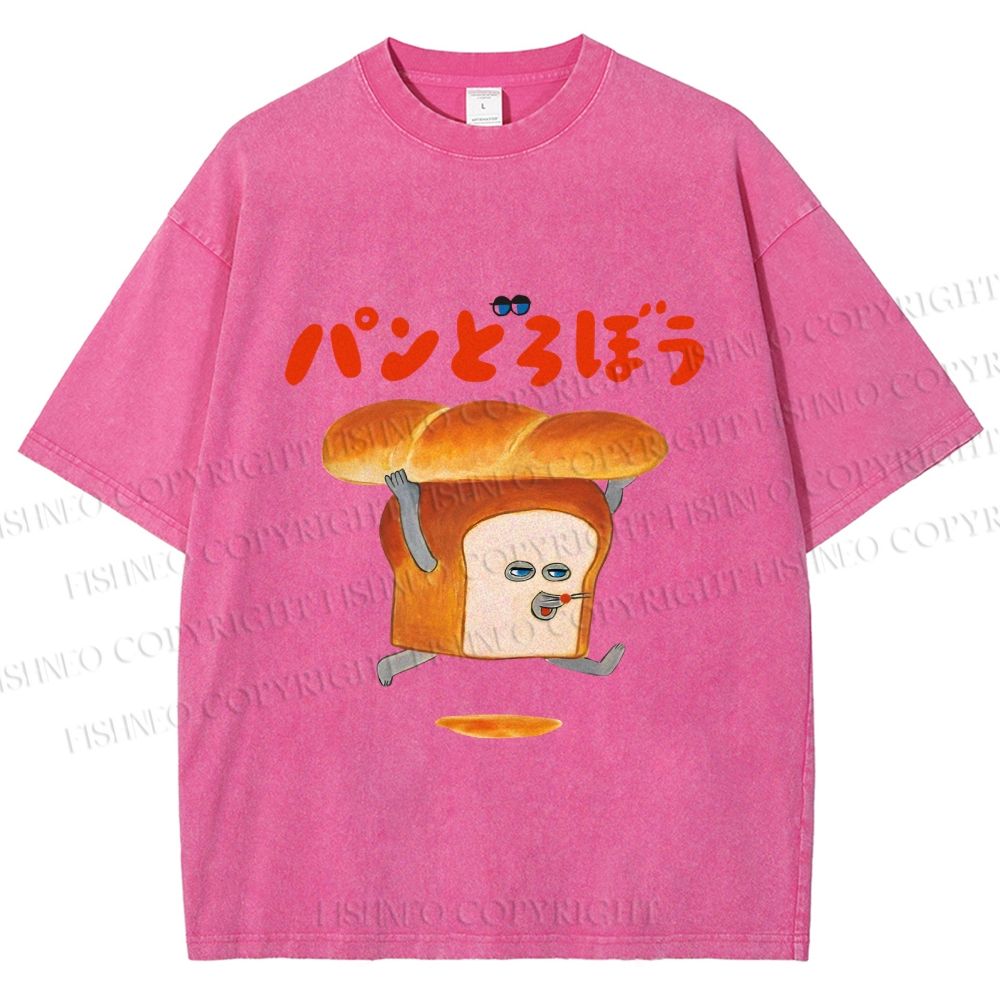 Unisex Japanese Funny Bread Printed Washed Tee