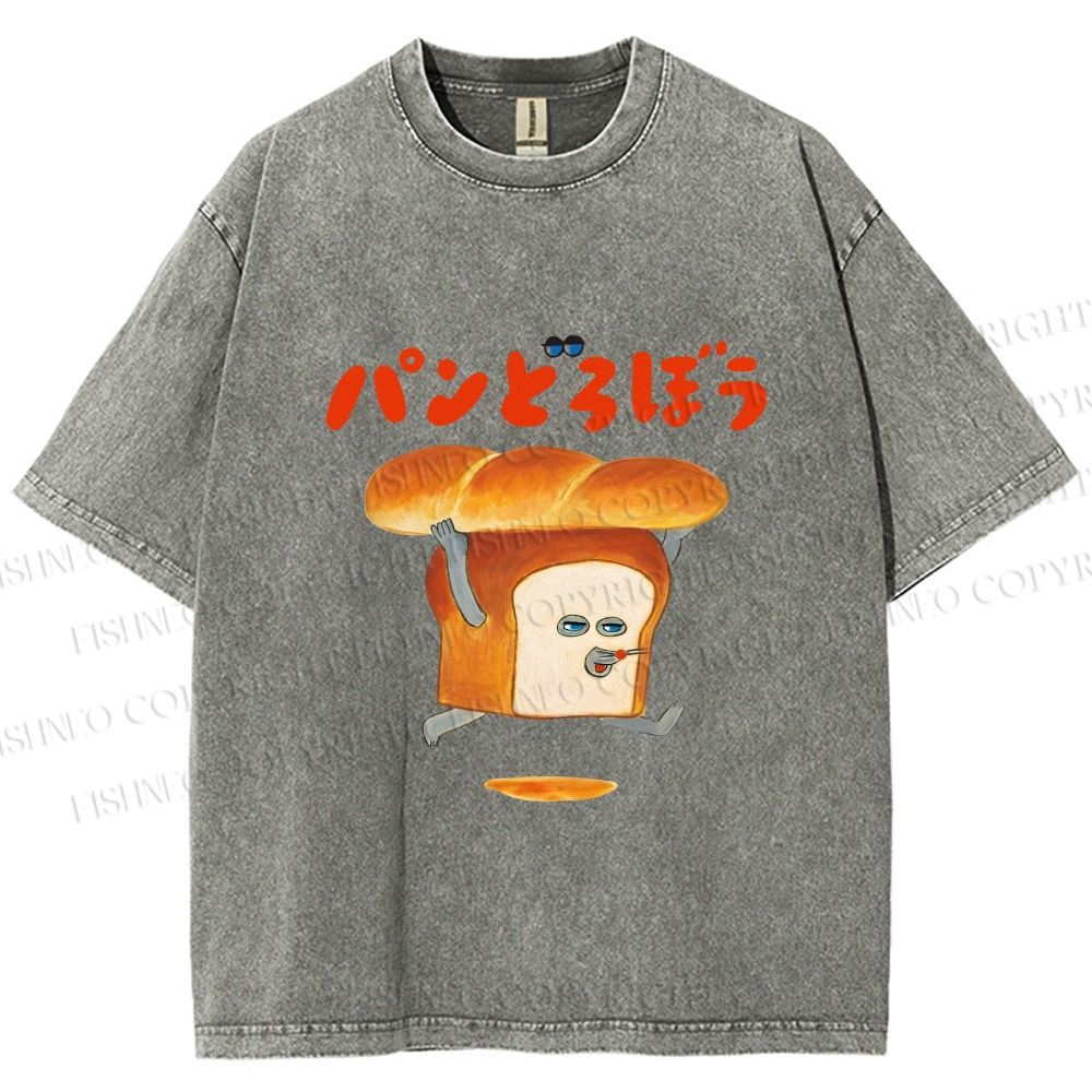 Unisex Japanese Funny Bread Printed Washed Tee