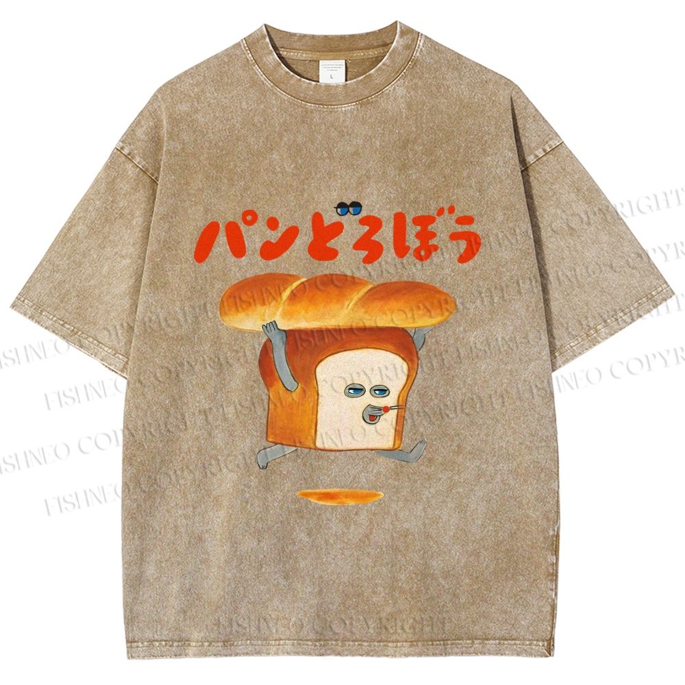 Unisex Japanese Funny Bread Printed Washed Tee