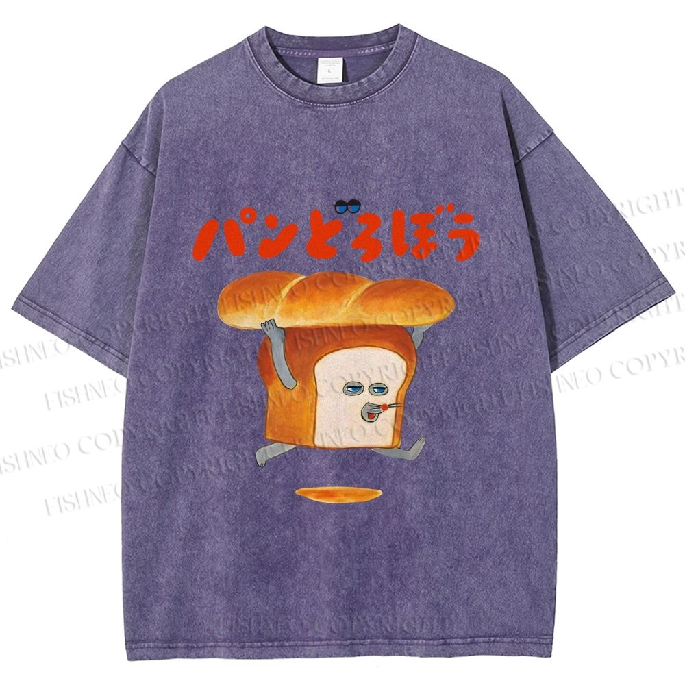Unisex Japanese Funny Bread Printed Washed Tee