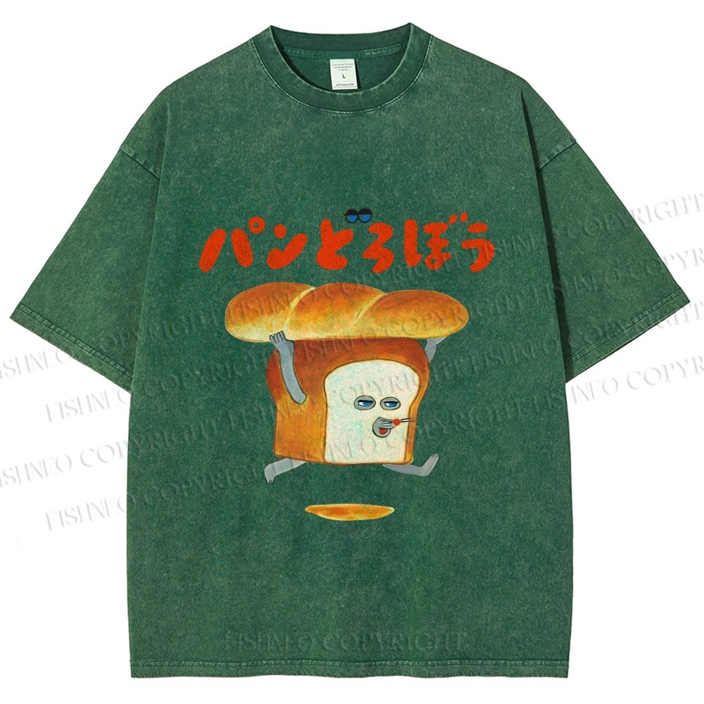 Unisex Japanese Funny Bread Printed Washed Tee