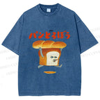Unisex Japanese Funny Bread Printed Washed Tee