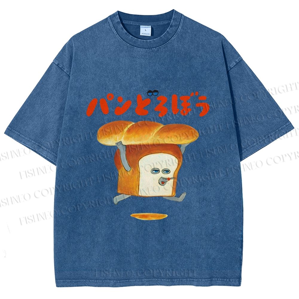 Unisex Japanese Funny Bread Printed Washed Tee