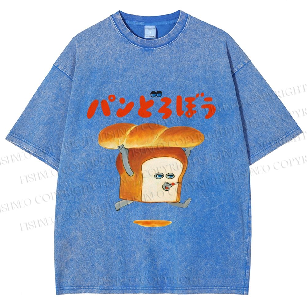 Unisex Japanese Funny Bread Printed Washed Tee