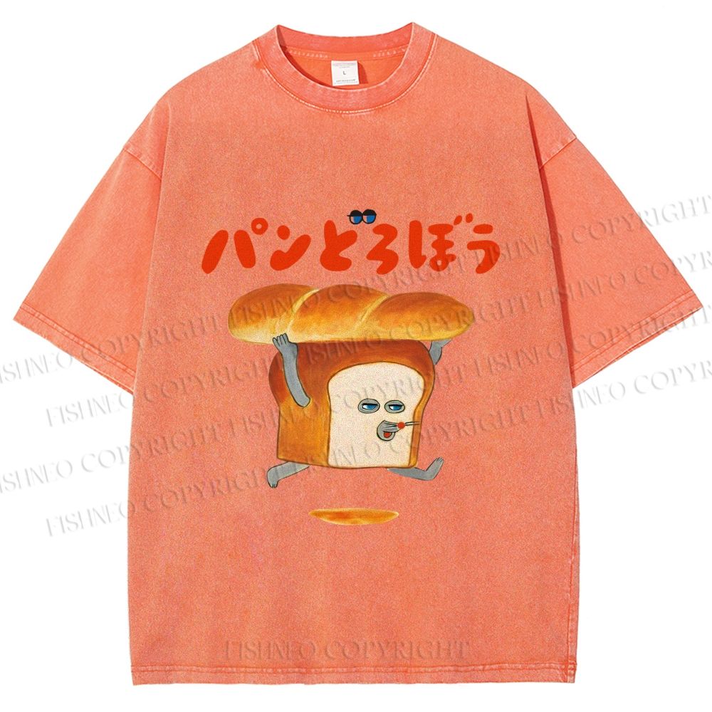 Unisex Japanese Funny Bread Printed Washed Tee