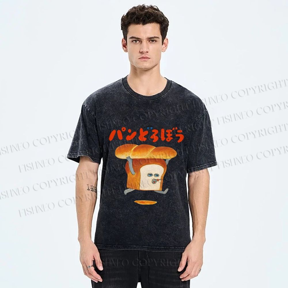 Unisex Japanese Funny Bread Printed Washed Tee