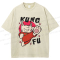 Unisex Funny Cat Kung Fu Printed Washed Tee