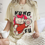 Unisex Funny Cat Kung Fu Printed Washed Tee