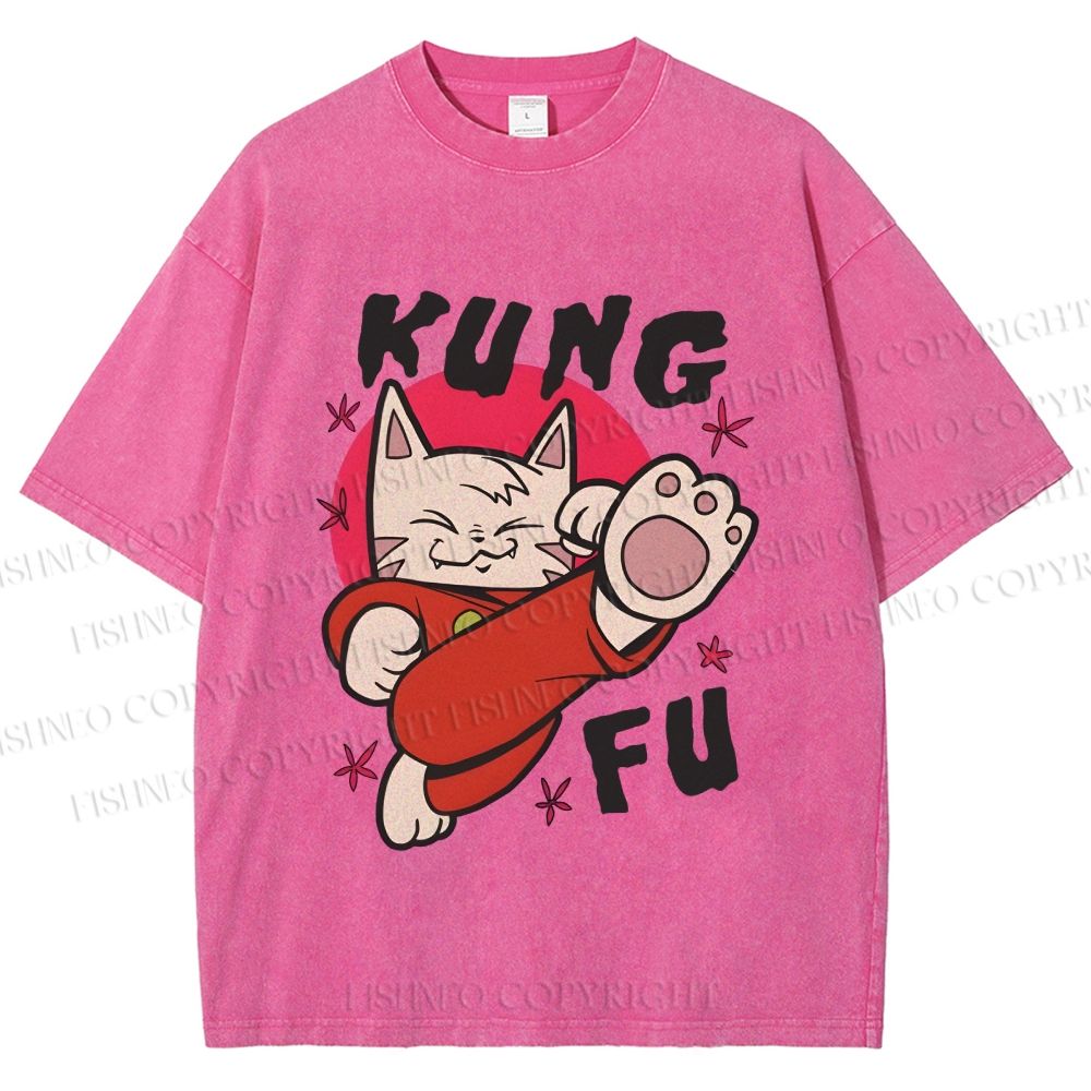 Unisex Funny Cat Kung Fu Printed Washed Tee