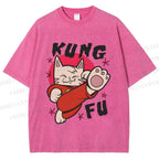 Unisex Funny Cat Kung Fu Printed Washed Tee