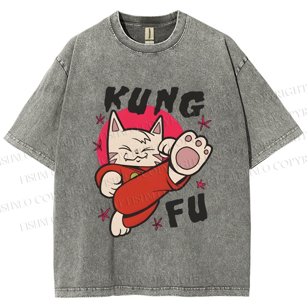 Unisex Funny Cat Kung Fu Printed Washed Tee