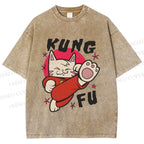 Unisex Funny Cat Kung Fu Printed Washed Tee