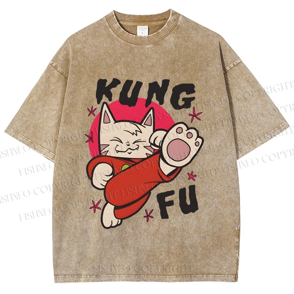 Unisex Funny Cat Kung Fu Printed Washed Tee