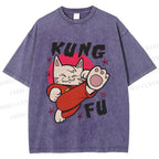 Unisex Funny Cat Kung Fu Printed Washed Tee
