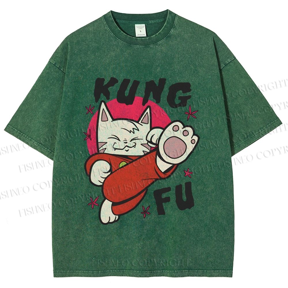 Unisex Funny Cat Kung Fu Printed Washed Tee