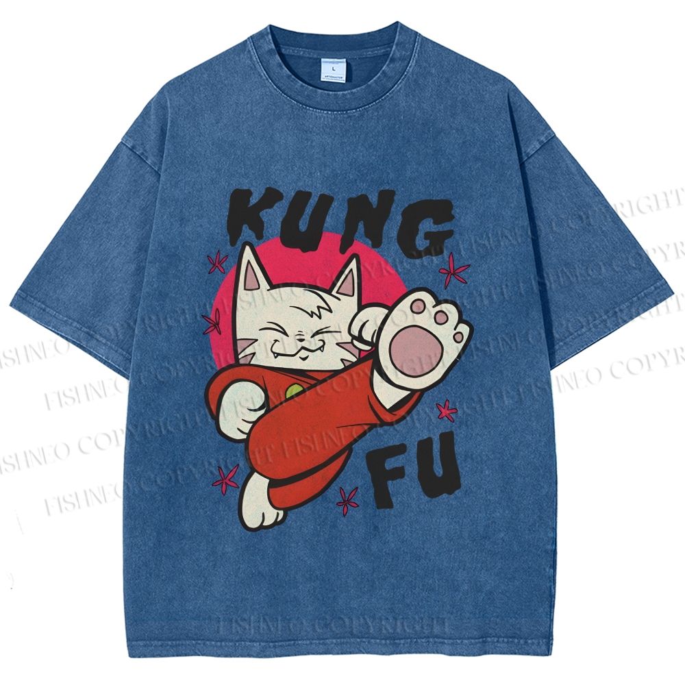 Unisex Funny Cat Kung Fu Printed Washed Tee