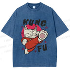 Unisex Funny Cat Kung Fu Printed Washed Tee