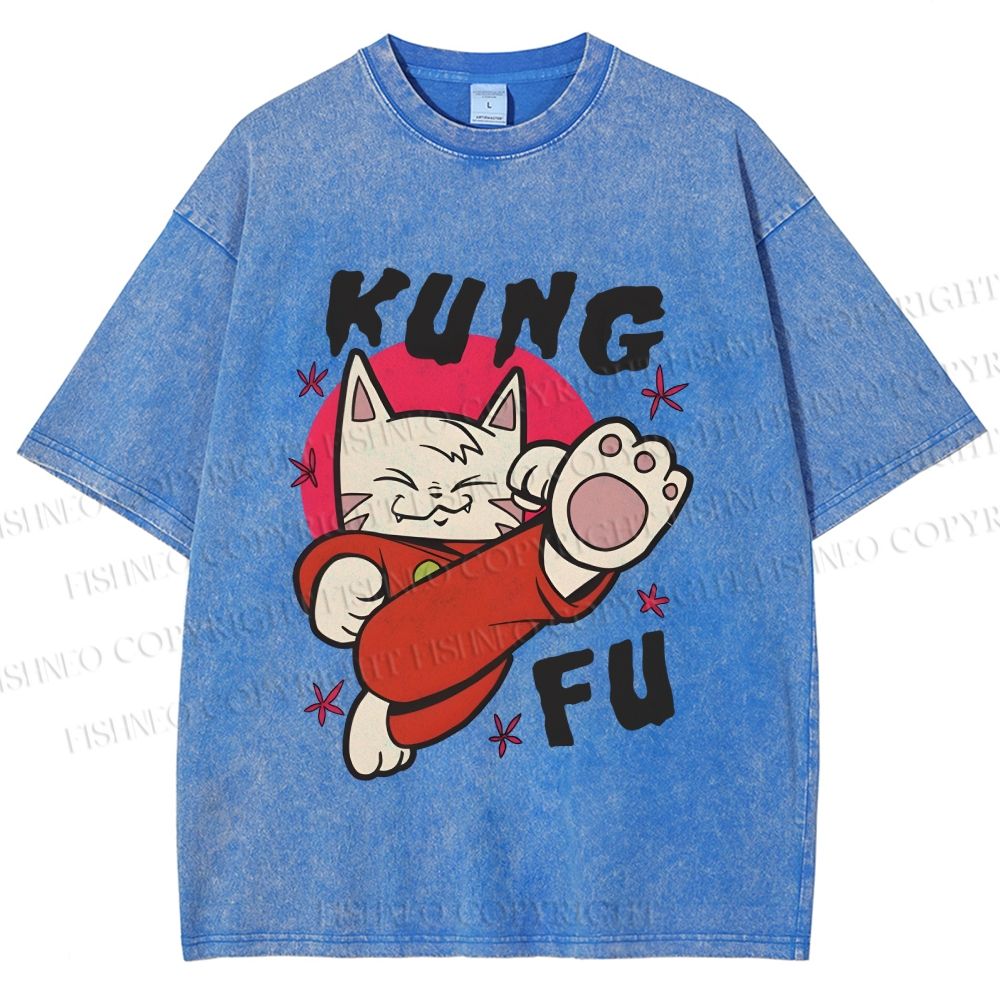 Unisex Funny Cat Kung Fu Printed Washed Tee