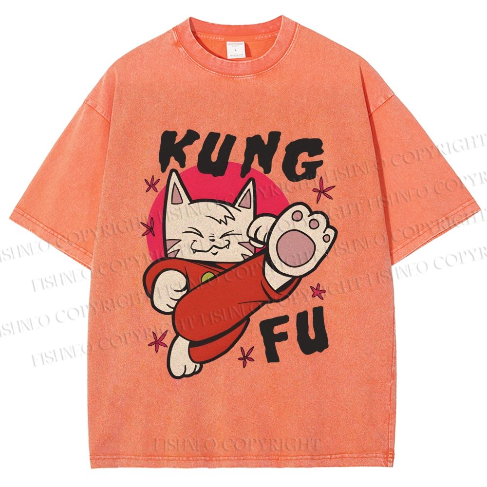 Unisex Funny Cat Kung Fu Printed Washed Tee