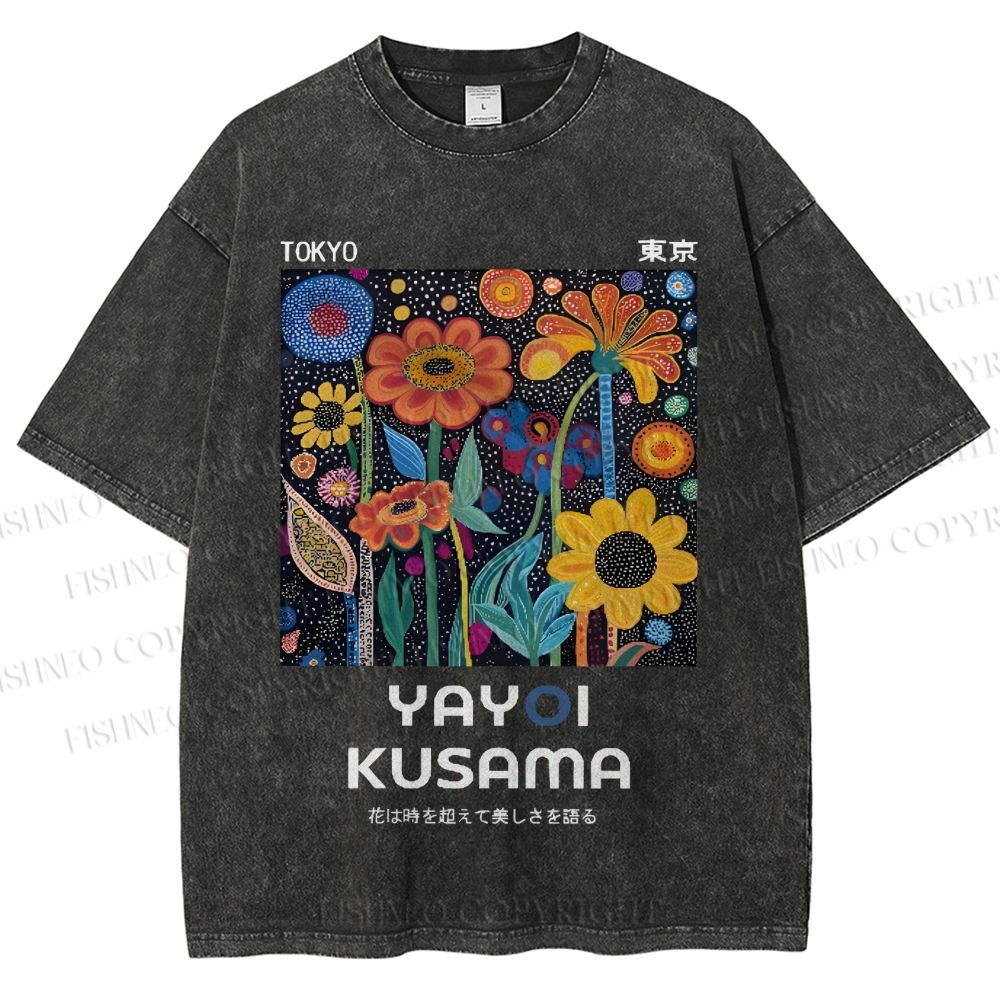 Unisex Japanese Yayoi Kusama Colorful Flowers Printed Washed Tee