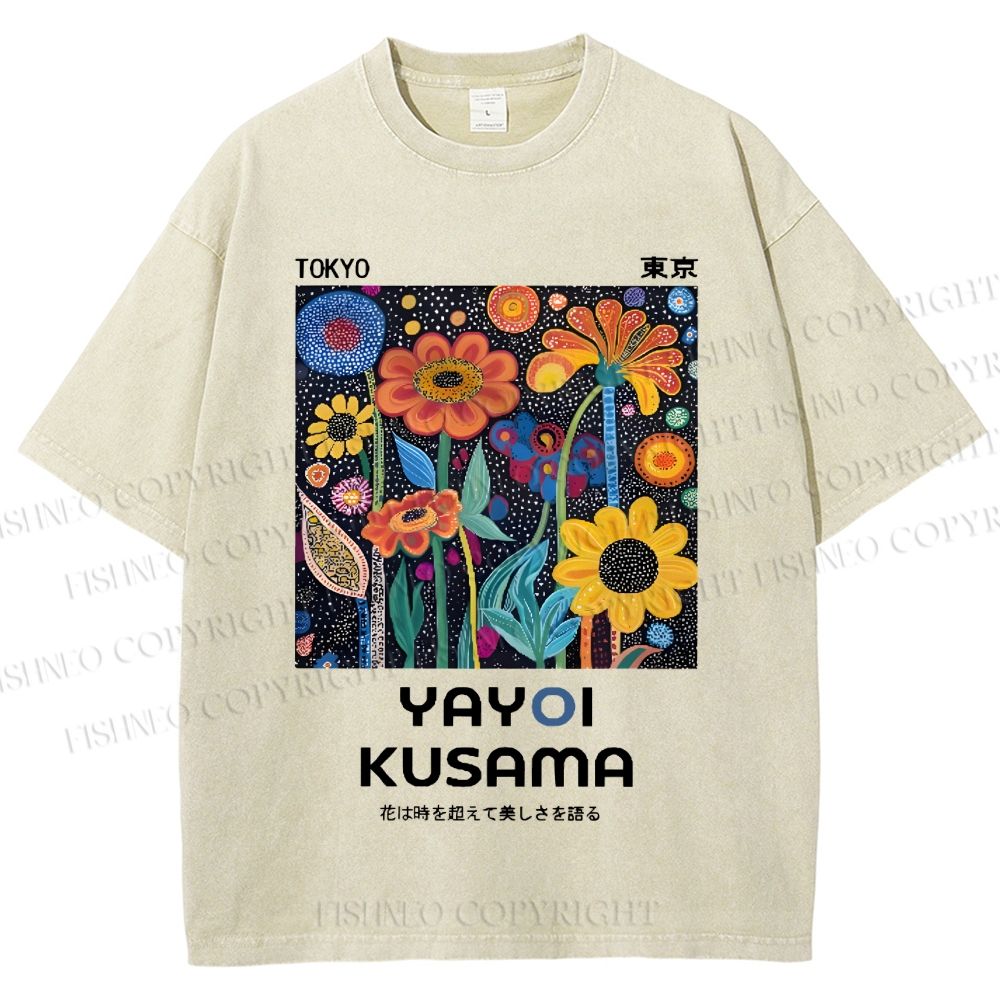 Unisex Japanese Yayoi Kusama Colorful Flowers Printed Washed Tee