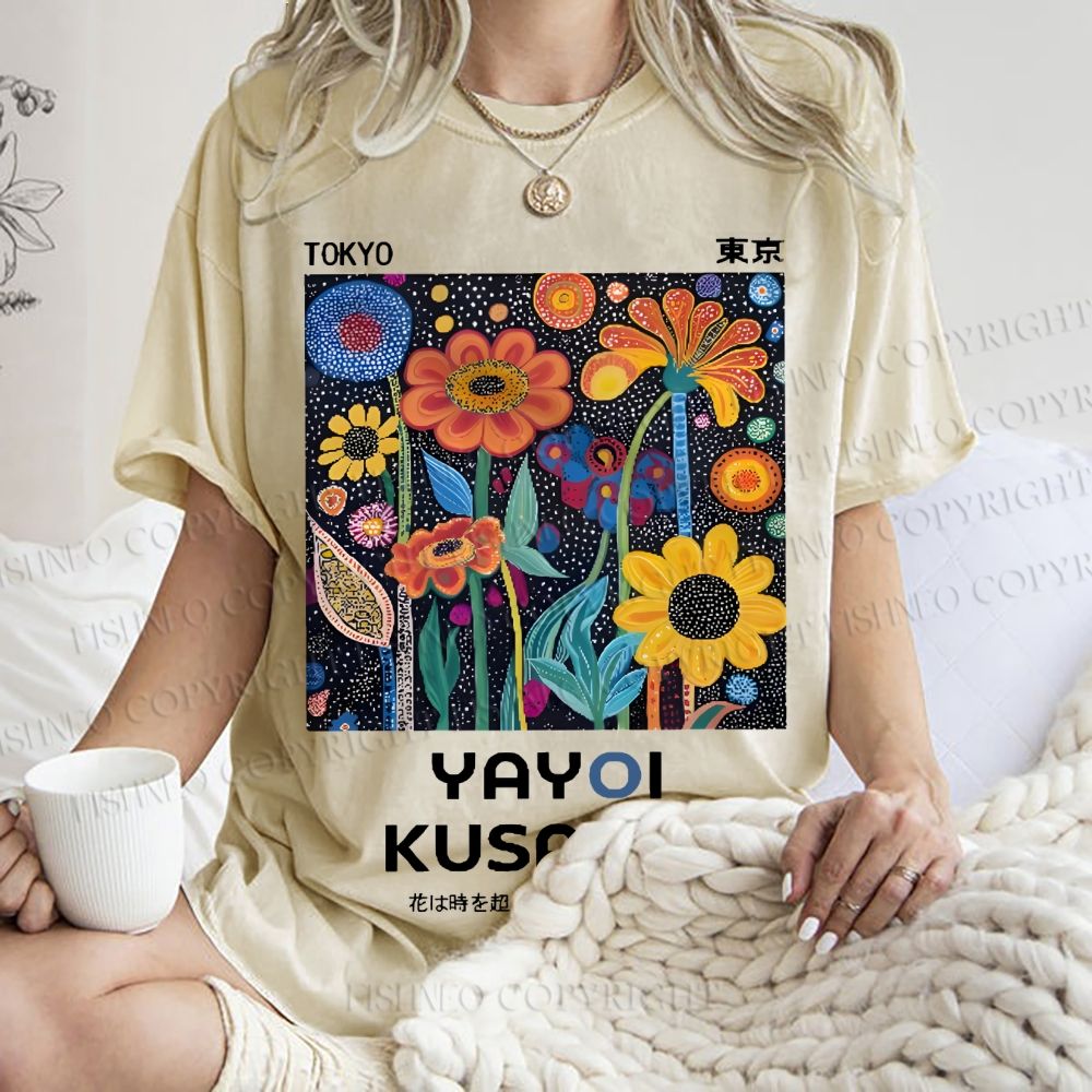 Unisex Japanese Yayoi Kusama Colorful Flowers Printed Washed Tee