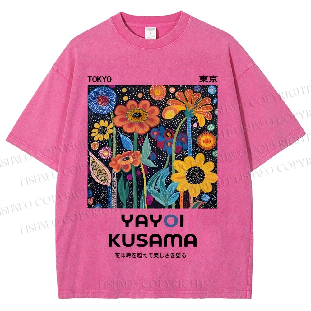 Unisex Japanese Yayoi Kusama Colorful Flowers Printed Washed Tee