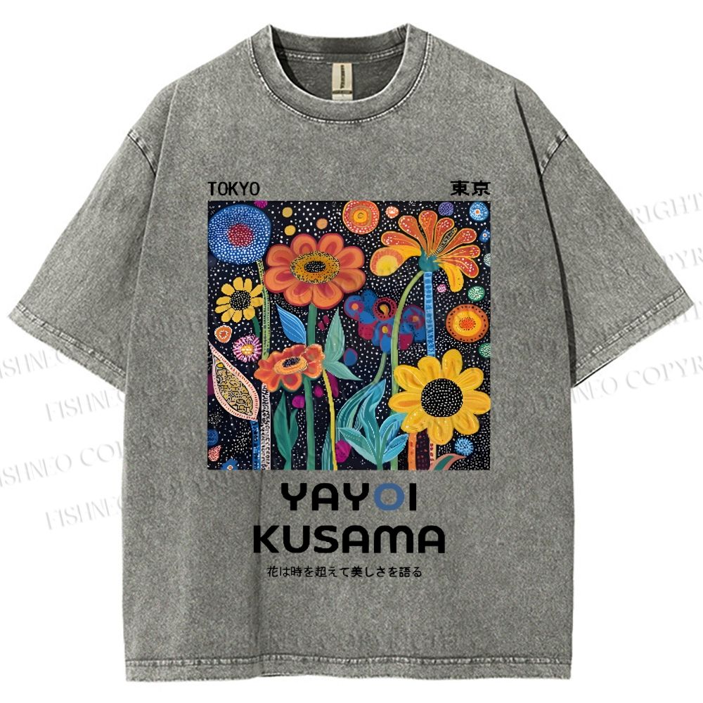 Unisex Japanese Yayoi Kusama Colorful Flowers Printed Washed Tee