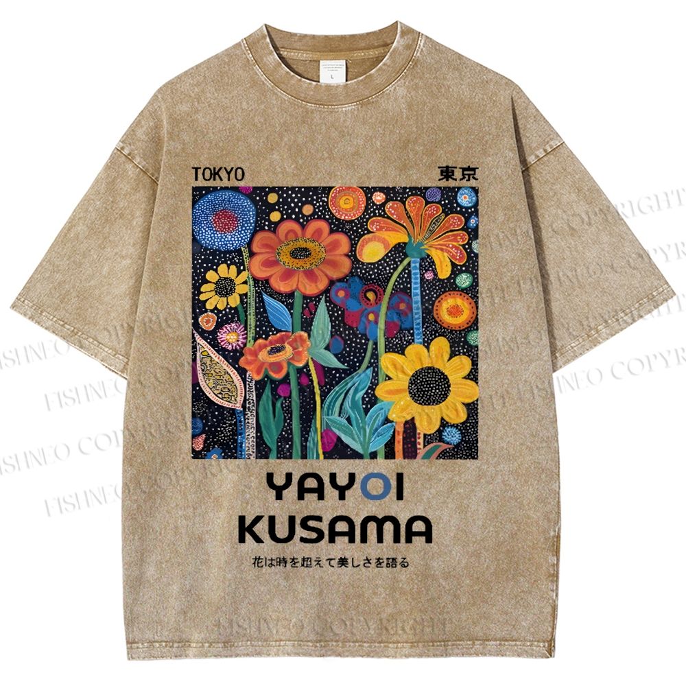 Unisex Japanese Yayoi Kusama Colorful Flowers Printed Washed Tee