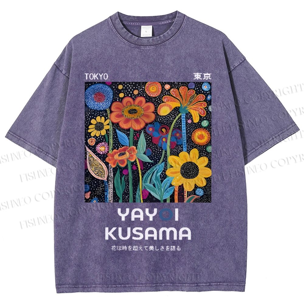 Unisex Japanese Yayoi Kusama Colorful Flowers Printed Washed Tee