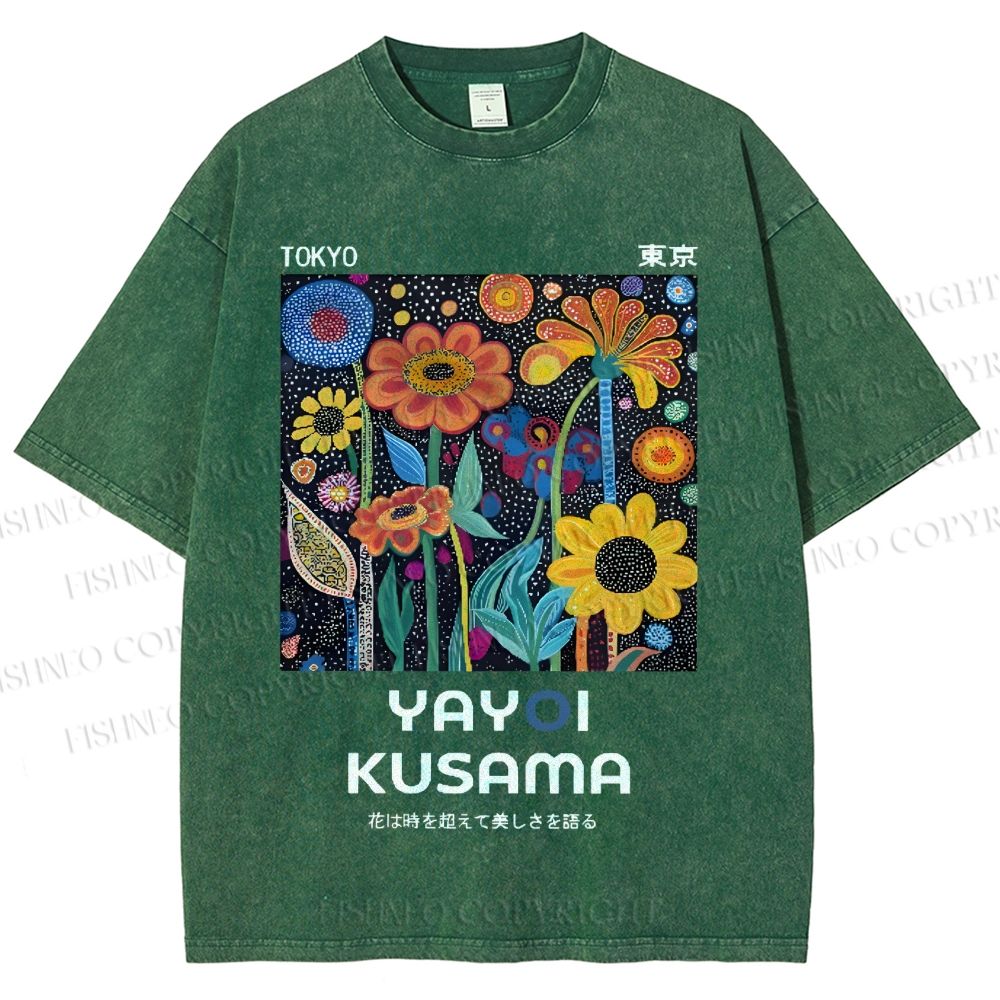 Unisex Japanese Yayoi Kusama Colorful Flowers Printed Washed Tee