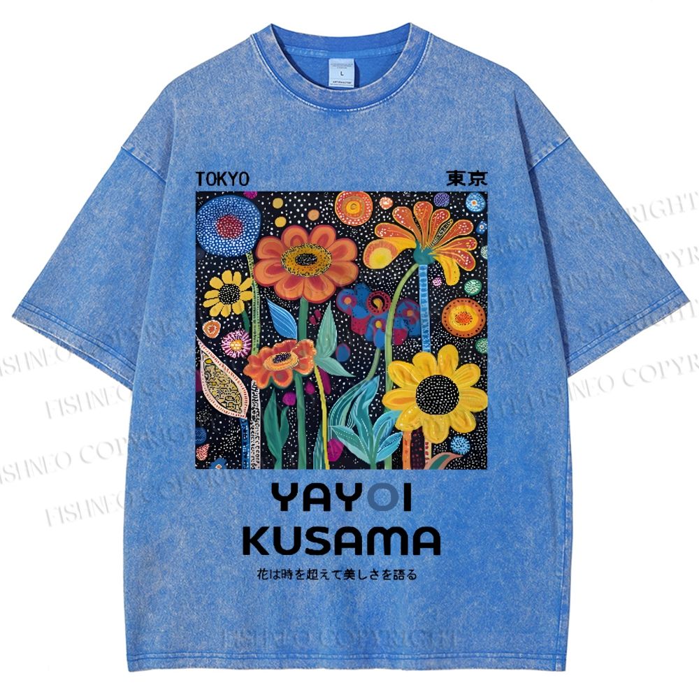 Unisex Japanese Yayoi Kusama Colorful Flowers Printed Washed Tee