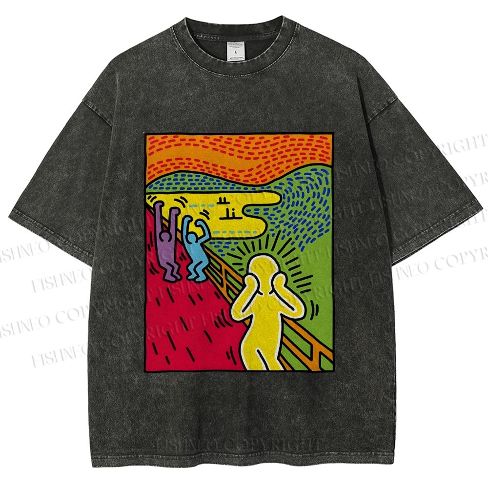Unisex Funny The Scream Painting Printed Washed Tee