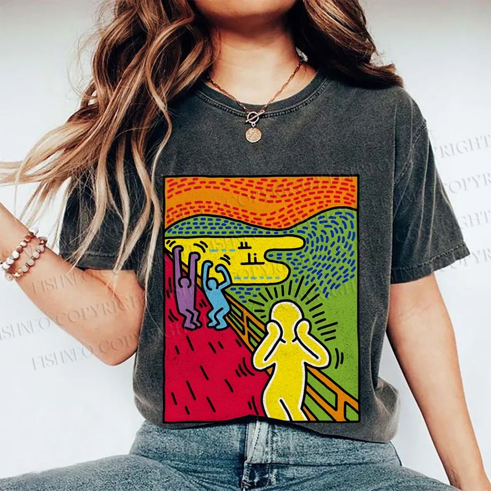 Unisex Funny The Scream Painting Printed Washed Tee