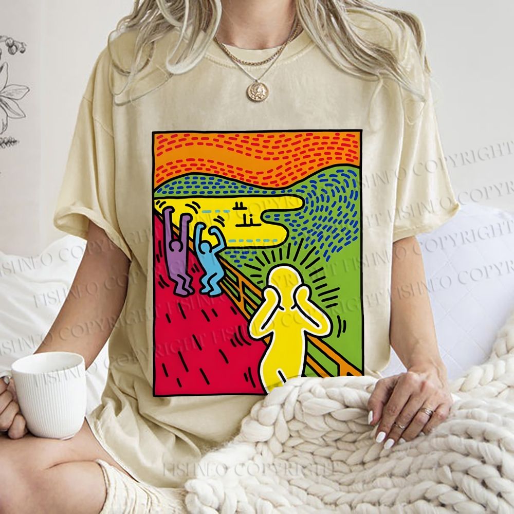 Unisex Funny The Scream Painting Printed Washed Tee