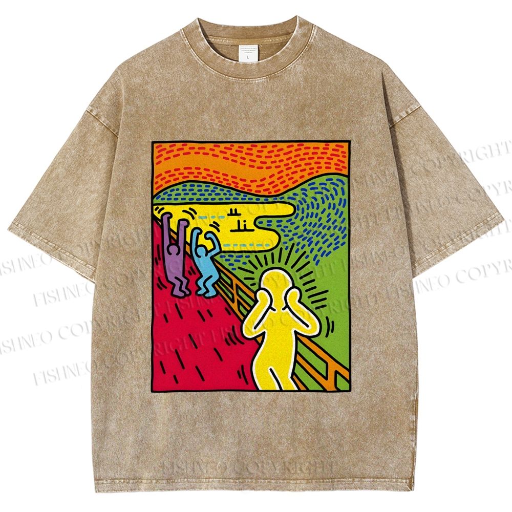 Unisex Funny The Scream Painting Printed Washed Tee