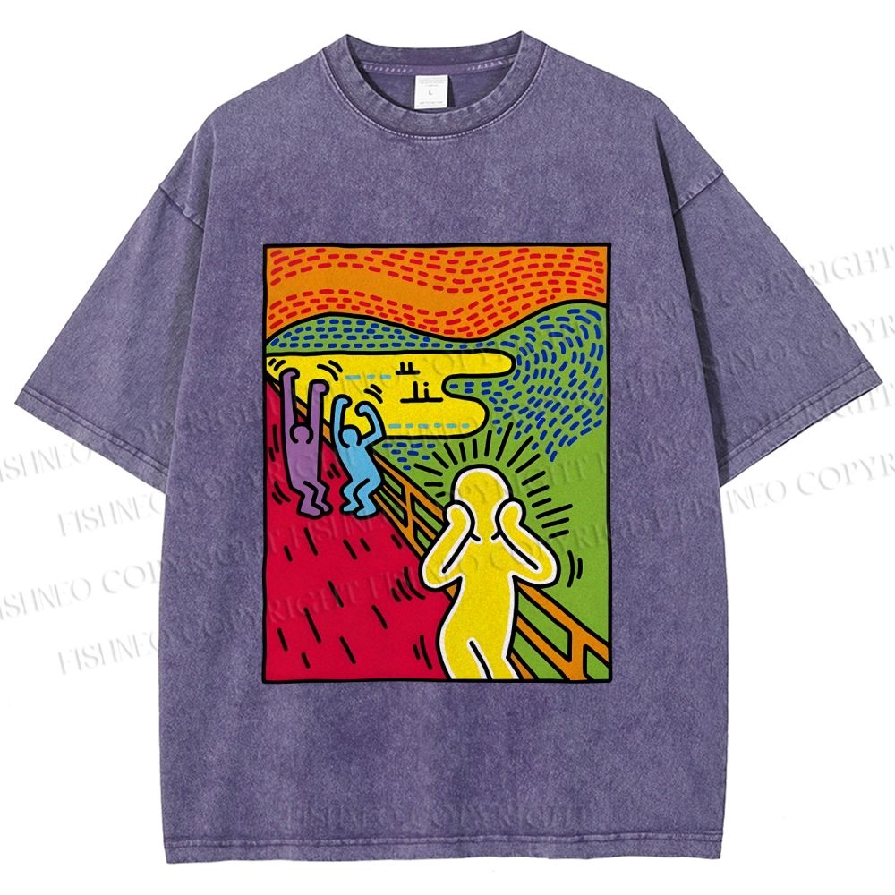Unisex Funny The Scream Painting Printed Washed Tee