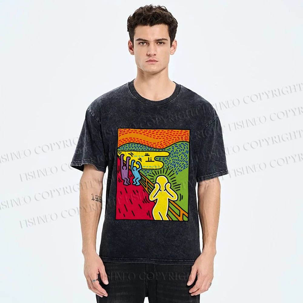 Unisex Funny The Scream Painting Printed Washed Tee