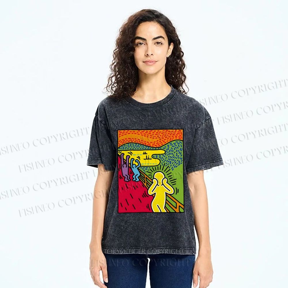 Unisex Funny The Scream Painting Printed Washed Tee