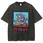Unisex Leaning Tower of Pisa Funny Graffiti Printed Washed Tee