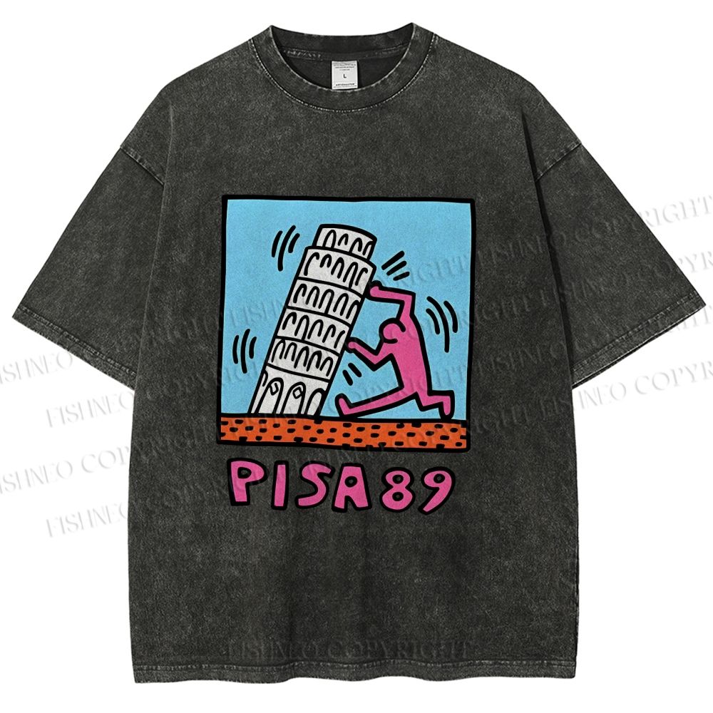 Unisex Leaning Tower of Pisa Funny Graffiti Printed Washed Tee